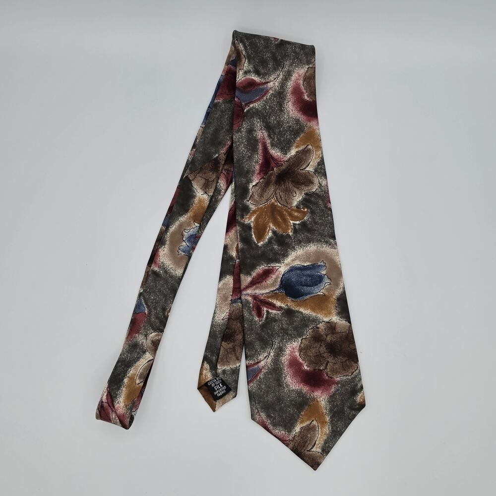 Vintage 417 Van Heusen Floral Silk Necktie Gray Blue Burgundy Brown Costa Rica